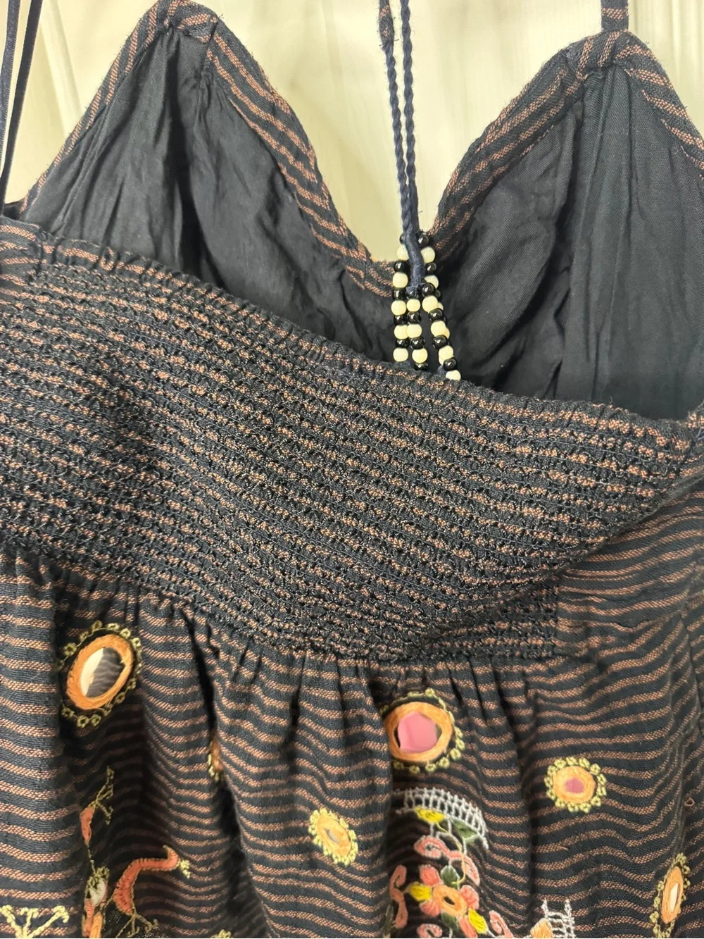 Free People navy and brown Embroidered Backless Halter Peplum Top
